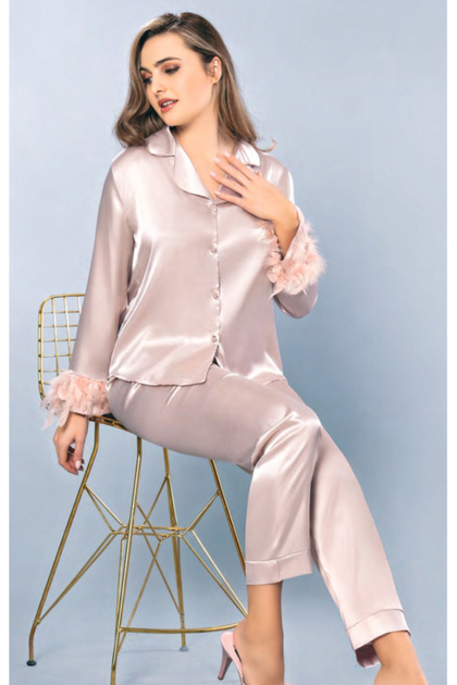Satin pajama set with furry sleeves