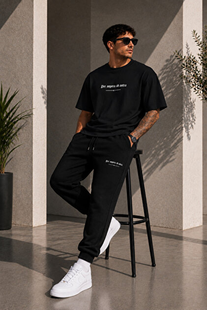 Per Aspera Ad Astra Printed Cotton Oversize T-Shirt Tracksuit Set
