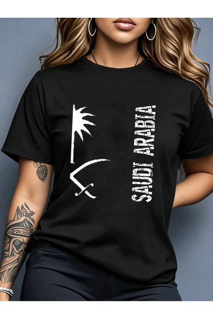 Saudi National Day Men and Women's 100% Cotton T-Shirt Printed Round Neck Short Sleeve T-Shirt, Loose Fit, Lightweight Breathable Summer Casual Top