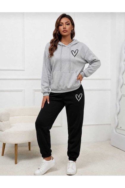 Hooded Tracksuit 2-Piece Combination Winter Sharpened Minimal Heart Printed Women's / Girls' Model