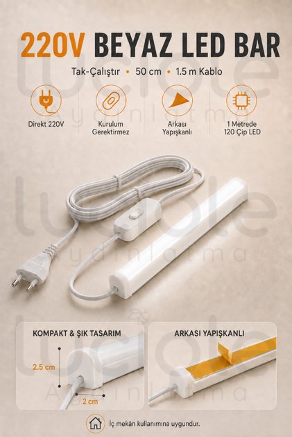 220V Beyaz LED Bar 50 cm Fişli Anahtarlı Yapışkanlı Tezgah Altı Dolap İçi Aydınlatma