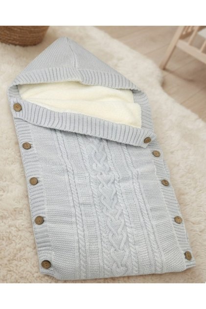 Natural Knitwear Baby Swaddle with Welsoft Inside, Hooded, Buttoned, Breathable Winter Baby Swaddle
