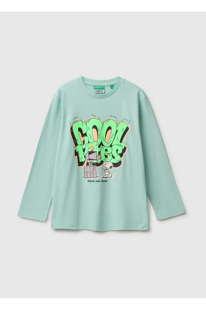 Boy's Light Green Oversize Long Sleeve T-Shirt with Snoopy Print on the Front