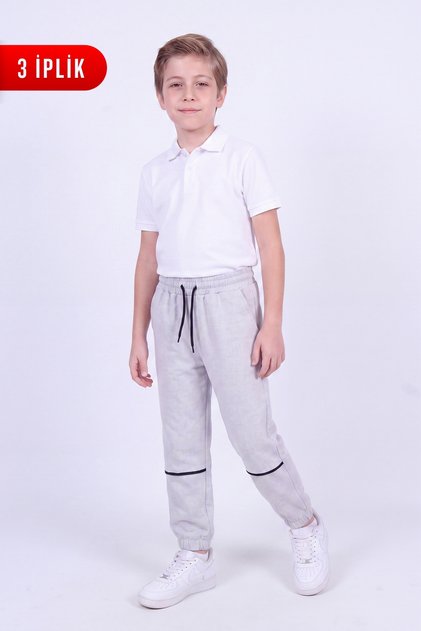 Boys' 3-Thread Stripe Knee Detailed Double Pocket Lace-Up Sweatpants