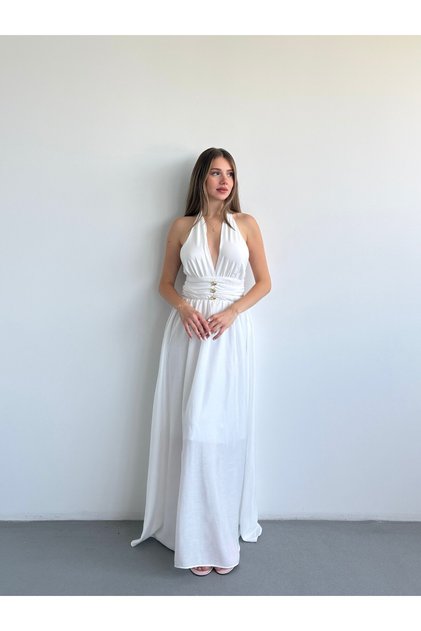 Düğme Halter Çilek Elbise