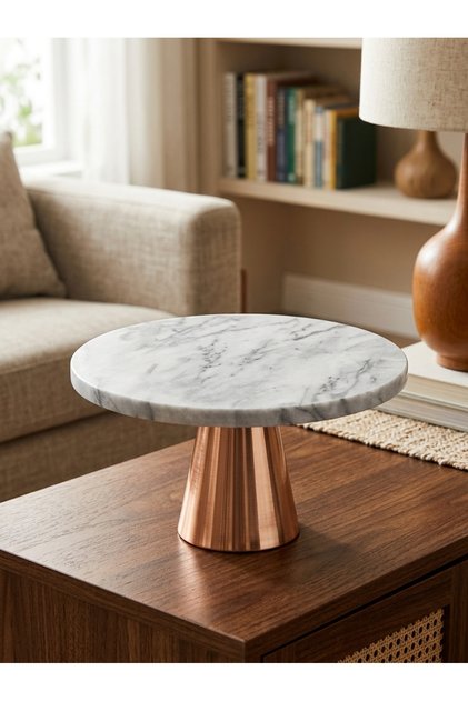 20cm Round White Marble Tray with Luxurious Gold Base