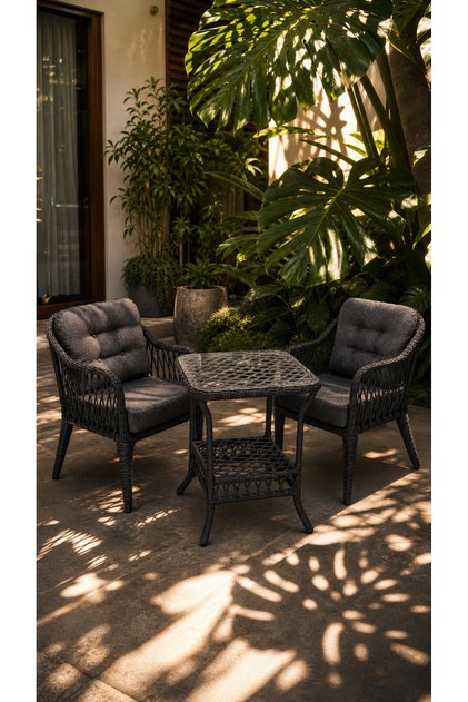 Small Raddan 1+1 Bistro Set Minderli 2 Kişilik Raddan Oturma Grubu Camlı Sehpa Bahçe Balkon Teras Set