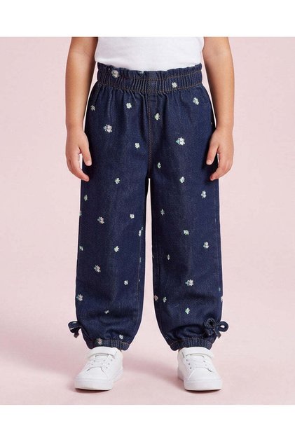 Girls Blue Embroidered Denim Trousers