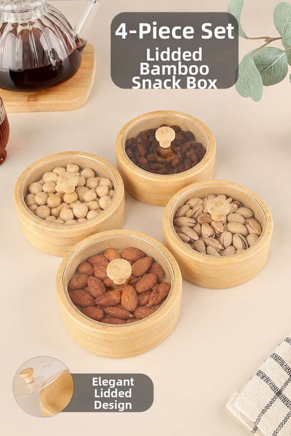 Set of 4 Round Bamboo Snack Bowls with Lids - Coffee Side Serving Bowl, Presentation Bowl, Breakfast Bamboo Bowl