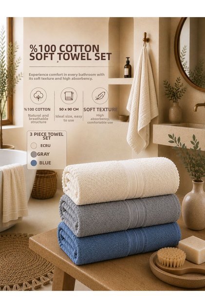 Colorfull 3 Pieces 100% Cotton Floral Patterned 50 X 90 cm Towel Set / Dowry Set