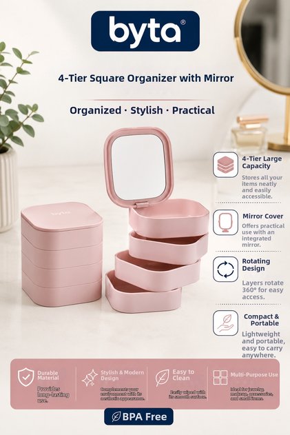 4-Tier Makeup and Jewelry Organizer with Mirror – Rotating Cosmetic and Accessory Organizer Box