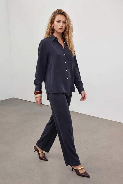 Siyah Keten Oversize Yıkamalı Tencel Salaş Gömlek Takım TDRSS26AU00008