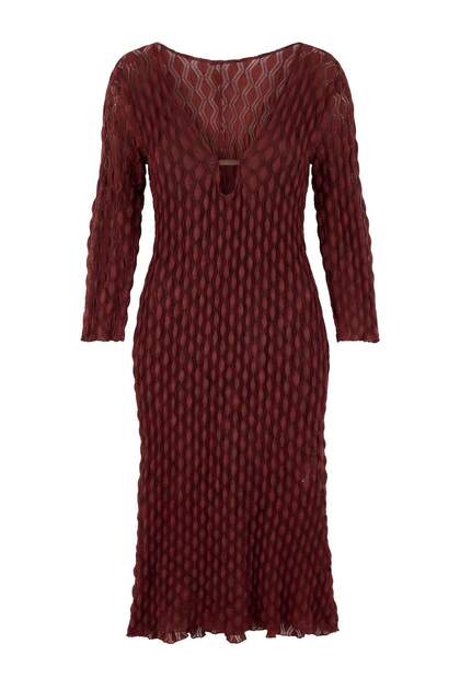 Beachwear Burgundy Textured Knitted Midi Accessory Detailed Beach Dress Tbbss26Ah00283