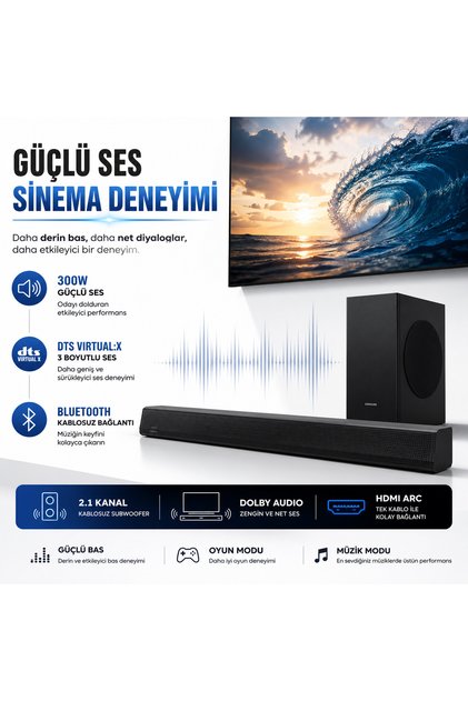 Optik Usb Ve Bluetooth Bağlantılı 300 W Güçlü Soundbar Sistemi Dolby Audio Ve Dts Virtual X Çevresel Sesli