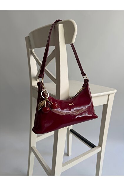 Patent Leather Baguette Model Hand and Women's Shoulder Bag Claret Red Charm Included