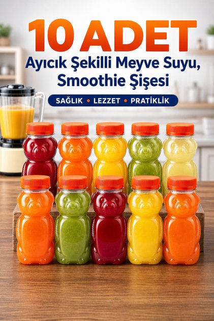 10 Adet Ayıcık Şekilli Şişe Okul Piknik Meyve Suyu Smoothie Detoks Ginger Şeffaf Plastik Sızdırmaz