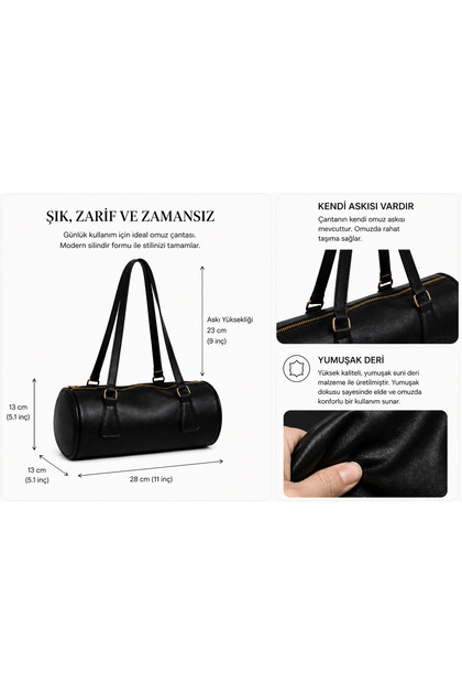 Kadın Çanta Silindir Model Şık Tasarım Sportif Casual Çanta Siyah