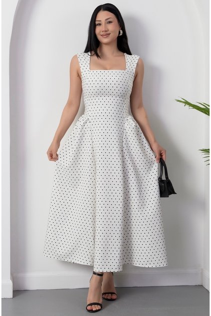 Rochie midi cu guler pătrat cu buline pentru femei, ecru