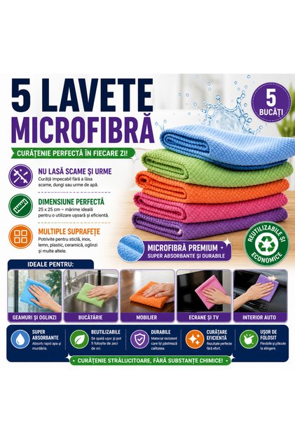 Lavete din microfibră, set de 5 piese, 25x25cm, multicolore