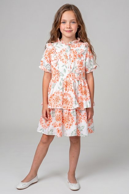 Girl's Orange Floral Patterned Frilly Dress