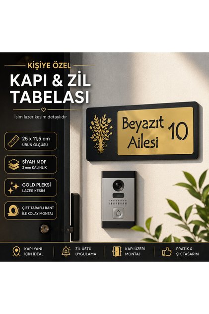 Kişiye Özel Siyah Ahşap Gold Pleksi Çiçek Motifli Kapı Numarası ve İsimlik Tabela