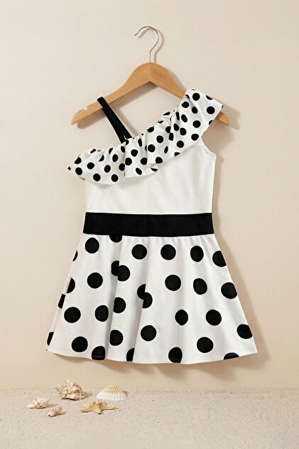zuzunga Polka Dot Patterned Asymmetrical Collar Ruffled Girls' Dress  Swimsuit- Trendyol