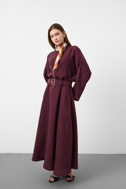 Plum women's tencel fabric skirt with belt detail, flowy textured jacket and skirt set
