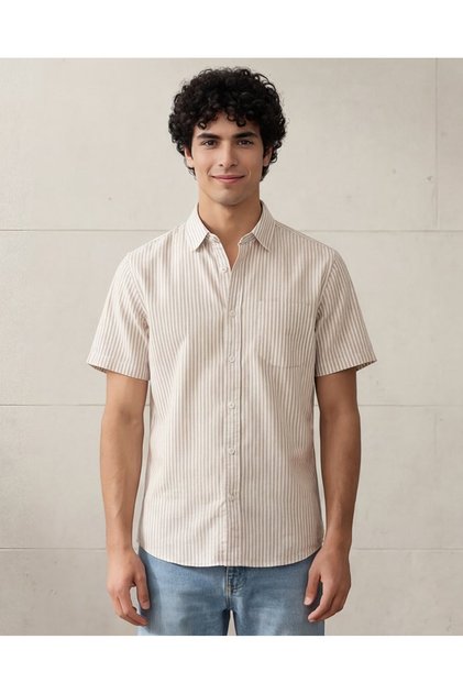 Men Beige Short Sleeve Oxford Shirt