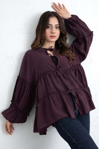 Lace-Up Layered Blouse 0073 - Mürdüm