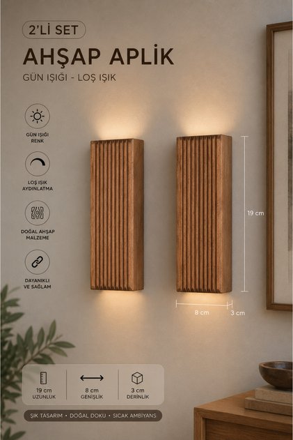 Ahşap Dekoratif Otantik Tasarım 2 Adet Otel, Kafe, Restoran, Balkon Pilli Led Aplik