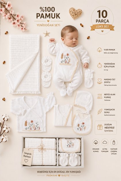 Baby Girl Newborn Embroidered Fancy Natural Muslin 10 Piece Luxury Hospital Release Bodysuit Set Stl6998