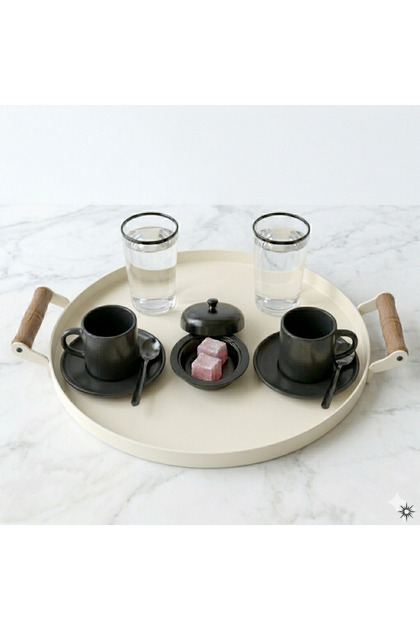 Tray with Wooden Handles Metal Tea Tray Coffee Tray Presentation Breakfast Tray 30 cm