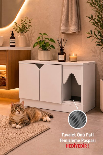 Kitty Modern Çok Amaçlı Kedi Evi ve Tuvalet Gizleme Kabini Düz Beyaz