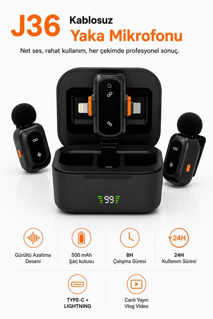 Premium Kablosuz Yaka Mikrofonu, AI Gürültü Azaltma Destekli Mikrofon, Dijital Ekran 500 mAh Şarj Kutu, 8 Saat Çalışma, 24 Saat, Type-C ve Lightning, Tak Çalıştır Canlı Yayın Vlog Video Çekim