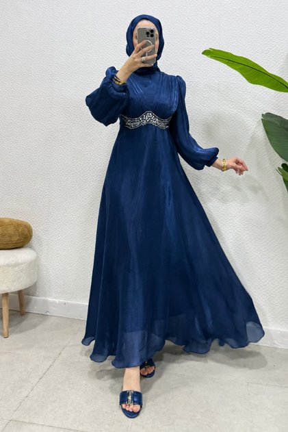 Mosera Janjan Fabric Waist Belted Lined Hijab Evening Dress