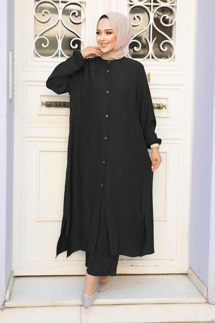 Buttoned Black Hijab Double Suit 19017S