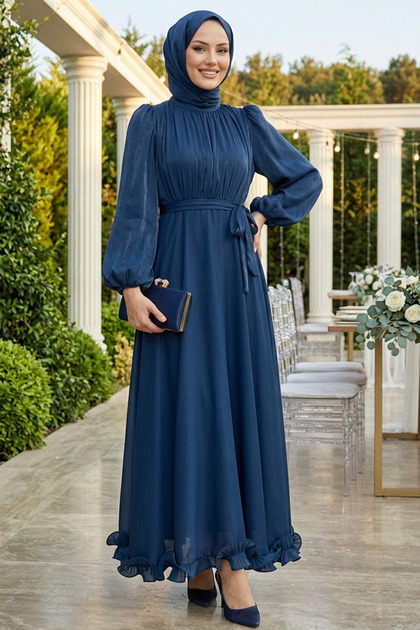 N.S NEVA STYLE Balon Sleeve Navy Blue Hijab Evening Dress 6278L
