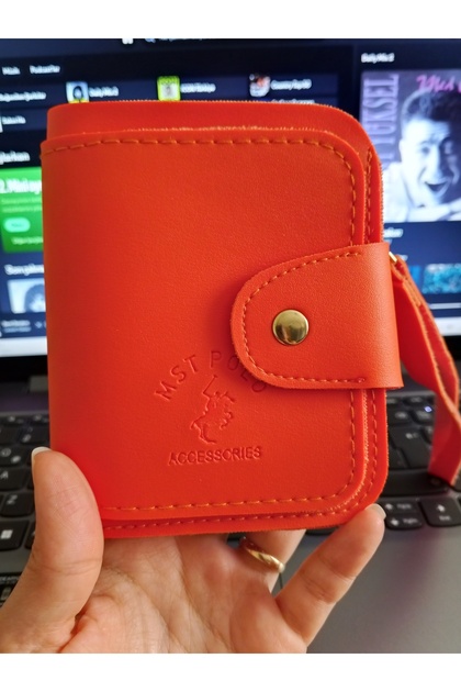 Women's Orange Faux Leather Multi-Pocket Wallet with Wrist Strap