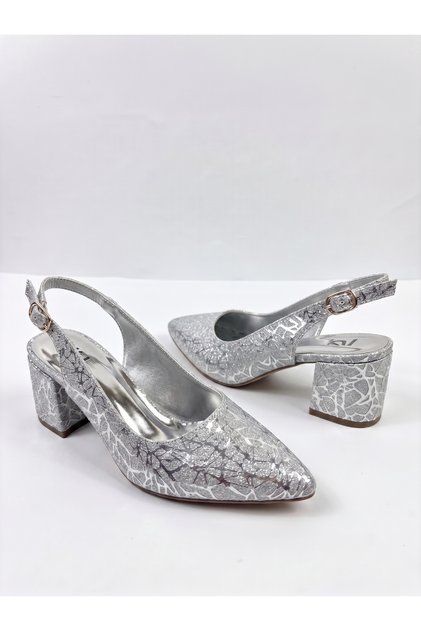 Pantofi casual de damă Defne, argintii, cu toc de 5 cm, cu spatele deschis, cu model de gheață crăpată
