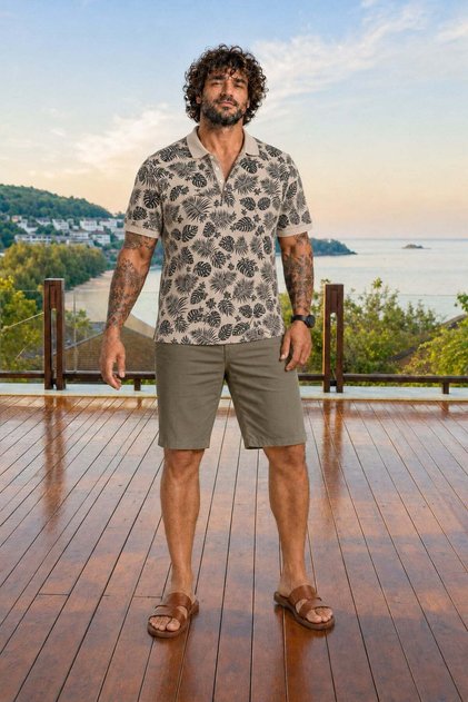 Men's Large Size Polo Collar T-Shirt Hawai 24455 Beige