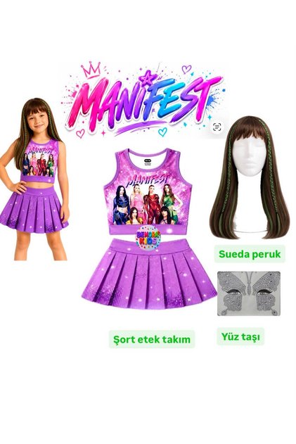 Manifest Mor Skirt Blouse Bottom Top 2-Piece Set Shorts Skirt Girl Child Bottom Top Set Manifest Sueda Sueda Green Braided Wig - Face Stone Set Party Concert Birthday Beach Wear