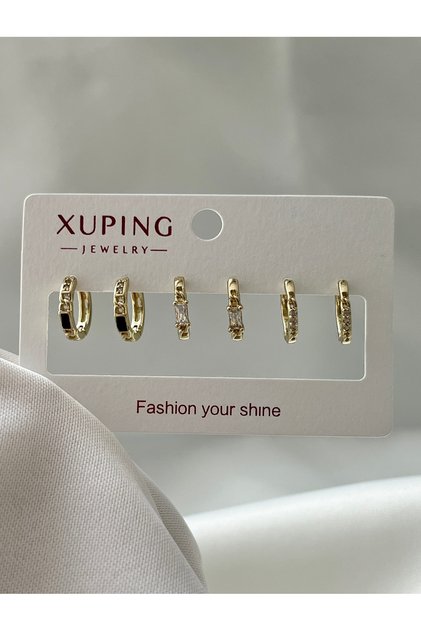 Xuping 14K Altın Rengi Taşlı 3 Çift (6adet) Kararmaz Kadın Halka Küpe (Kıkırdak + Lobe Kombini)