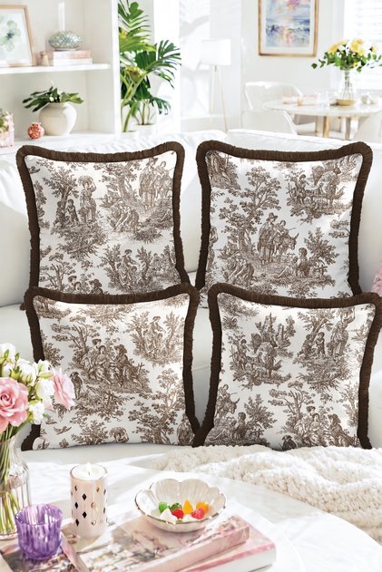 Vintage Toile De Jouy Human and Nature Figures Coffee Fringed-Tasseled Set of 4 Fringed Throw Pillow Covers