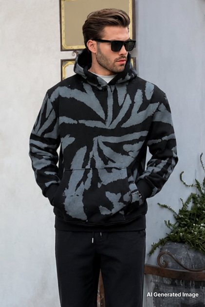 Black Hooded Pocket Detailed Printed Men's Sweatshirt 7087