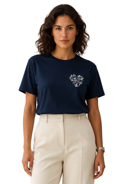Minimalist Çiçekli Kalp Baskılı Göğüs Detaylı Oversize Regular Fit Unisex Tişört