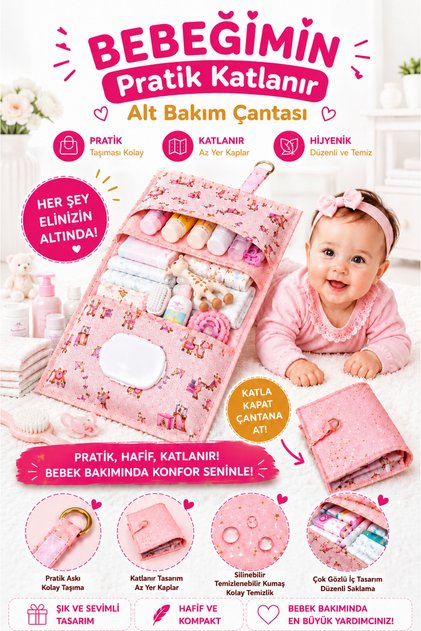 Practical Foldable Diaper Change Care Bag for My Baby (PINK COLOR)