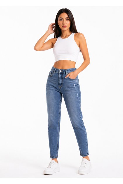 Women's High Waist Straight Leg Denim Pants in Distressed Light Blue, Comfort Fit for Casual Everyday Wear and Stylish Graduation