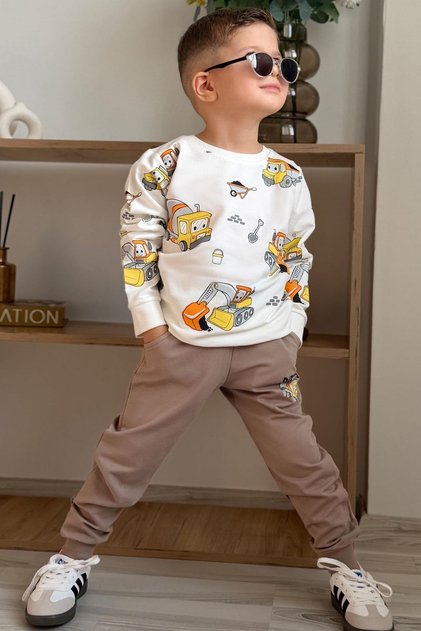 Boy's Tracksuit Set Little Operator Hardworking Work Machines 1-4 Years Old, Ecru