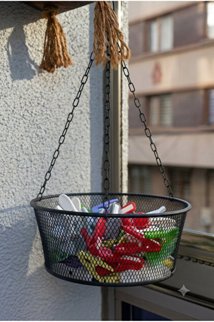 Black 25 cm Metal Peg Basket Dowry Basket Laundry Basket Mesh Basket Organizer with Hanging Bracket
