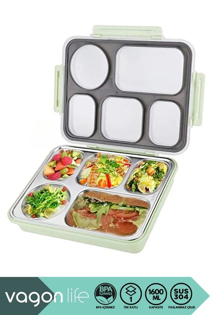 Bento 1600ml Lunchbox Yeni Koleksiyon Sızdırmaz Tek Katlı 5 Bölmeli Paslanmaz Çelik Sefer Tası Yemek Kutusu